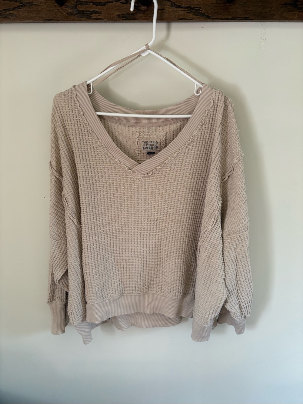 aerie Beige Waffle-Knit V-Neck Pullover